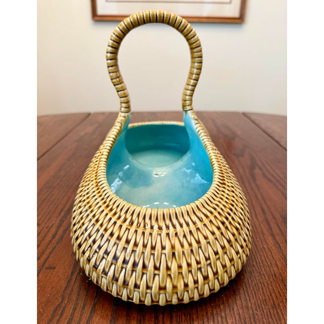Sarreguemines French Majolica Ceramic Trompe L’oeil Basket With Faux Bamboo Wicker Detailing and Blue Interior For Sale - Image 12 of 12