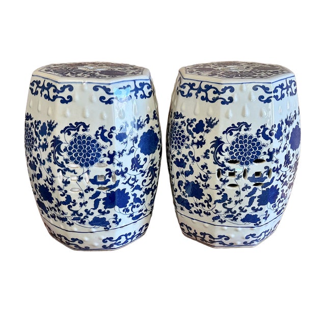 Ceramic Chinoiserie Blue & White Peony Hexagon Garden Stools - A Pair For Sale - Image 7 of 12