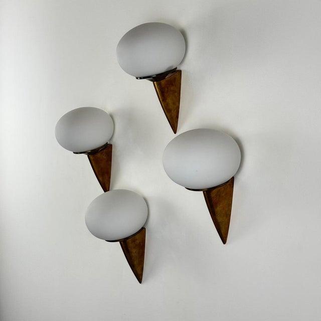 Italian Lancia Wall Sconces in Brass and Opaline Glass from Stilux Milano, 1960s,Set of 4 For Sale - Image 6 of 13
