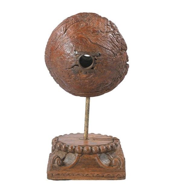 Dimensions: 10" W X 10" D X 18" H The Ranch Style Antique Wooden Pulley Mounted On Column Base is a distinctive and rustic...
