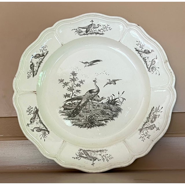 Antique 18th Century George III Leeds Liverpool exotic birds black transfer creamware plate with a peacock in the well.....