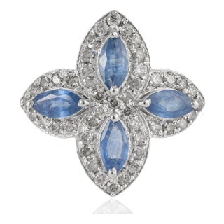 Antique Edwardian Style Blue Sapphire & Diamond Halo Ring in Sterling Silver, Size 7 For Sale