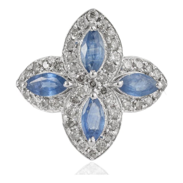 Antique Edwardian Style Blue Sapphire & Diamond Halo Ring in Sterling Silver, Size 7 For Sale