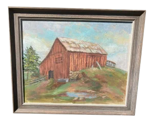 Mid 20th Century Landscape with Barn Oil Painting by Sarah Wilkinson, Framed
