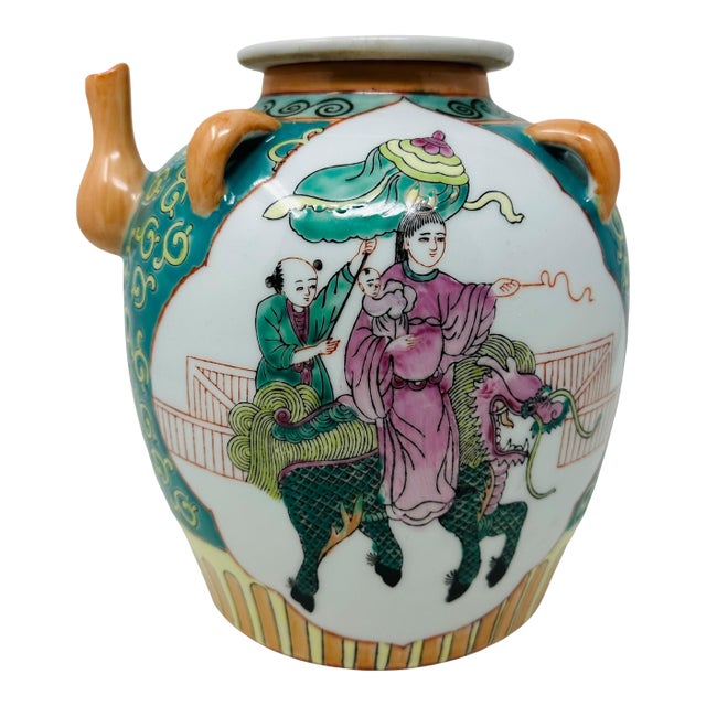 Vintage Chinese Famille Rose Ewer | Decorative Porcelain Wine Pot | Mid-Century Chinoiserie Decor | Hand-Painted Qilin Mythical Figure Pitcher For Sale