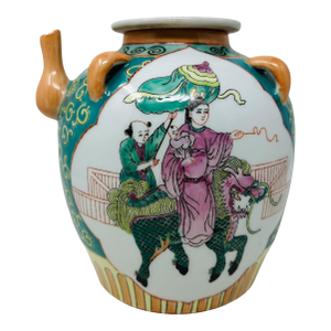 Vintage Chinese Famille Rose Ewer | Decorative Porcelain Wine Pot | Mid-Century Chinoiserie Decor | Hand-Painted Qilin Mythical Figure Pitcher