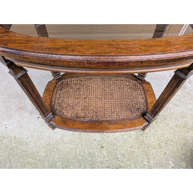 Vintage Two Tier Oval Glass Wood Woven Cane End Table Mid Century Neoclassical. For Sale - Image 11 of 13
