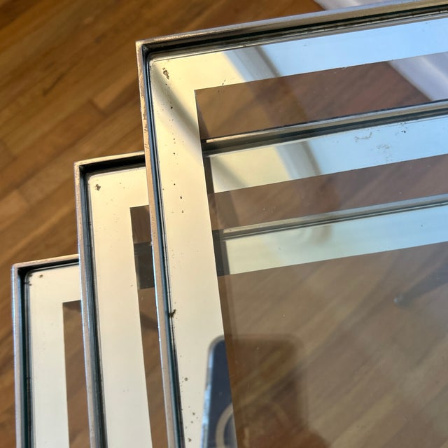 1960s 1960s French Nickeled Nesting Tables With Glass Tops Maison Jansen Attributed Set of 3 For Sale - Image 5 of 12