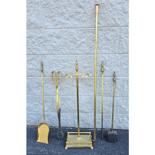 Six piece set Mid-Century American Federal Style Brass Fireplace Tools, include a 46.5' Blo Poke tool. Stand is 32" tall.