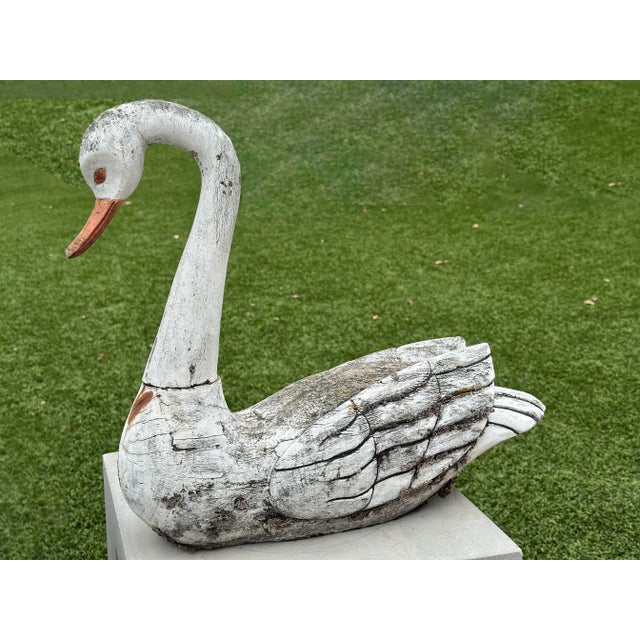 Shabby Chic Wooden Swan Carved and Painted Decoy Sculpture For Sale - Image 3 of 10