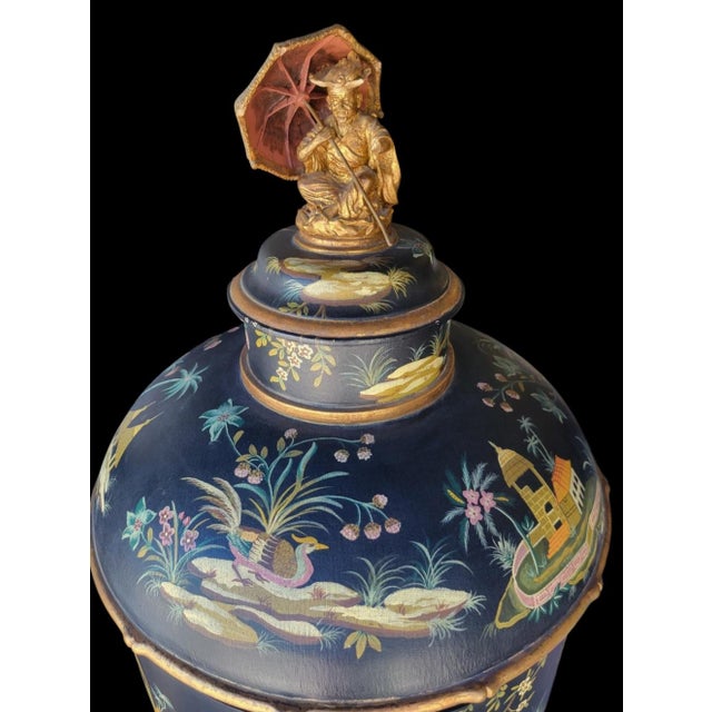 1980s 1980s Monumental Chinoiserie Hollywood Regency Handpainted Tea Caddy Shaped Faux Bamboo Dry Bar Storage Cabinets- A Pair For Sale - Image 5 of 16