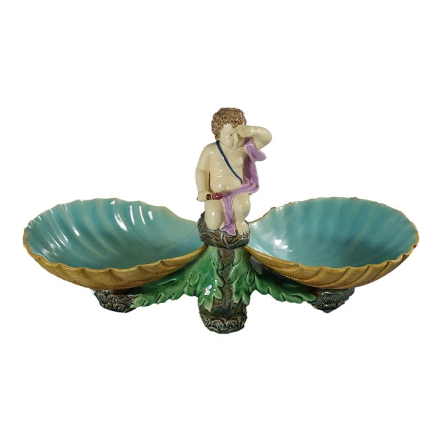 Holdcroft Majolica Putto and Shells Dish For Sale