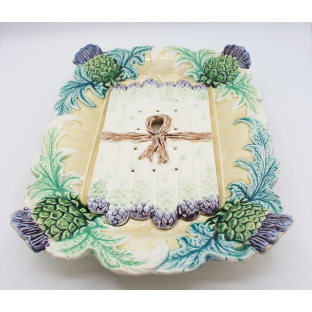 Ceramic Circa 1900 French Majolica Asparagus Serving Tray With Drainer & Sauce Boat For Sale - Image 7 of 11