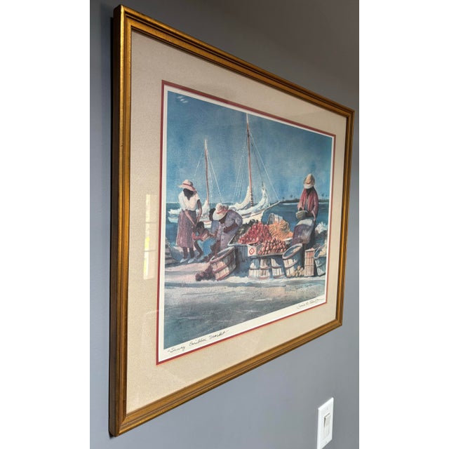 Figurative Vintage David W. Clough Signed Original Lithograph “Sunny Caribbee Market” For Sale - Image 3 of 9