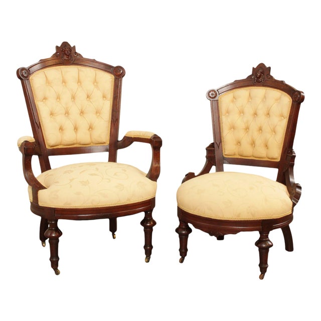 Antique Victorian His & Hers Walnut Armchairs - A Pair For Sale