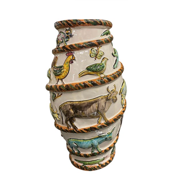 Cream Vintage Italian Style Majolica Relief Animal Spiral Vase For Sale - Image 8 of 10