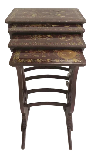 19th Century Set of Four Nesting Tables Dark Red Lacquer with Gilt - 4 Pieces