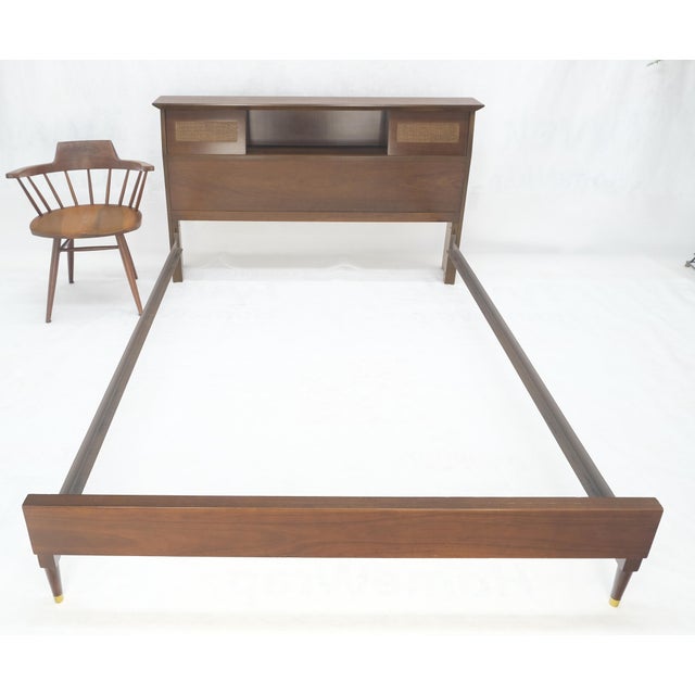 Wood Walnut Storage Compartment Wedge Shape Headboard Queen Size Bed w/ Rails For Sale - Image 7 of 12