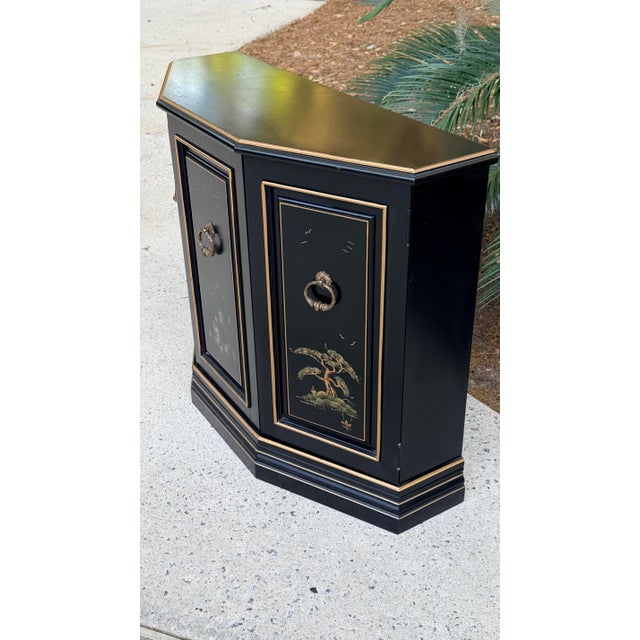Chinoiserie Black Lacquered Chinoiserie Handpainted Demi Lune Cabinet For Sale - Image 3 of 12