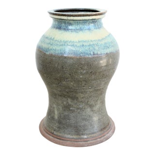 Signed 1970's Drip Glaze Stoneware Pottery Vase/11" For Sale