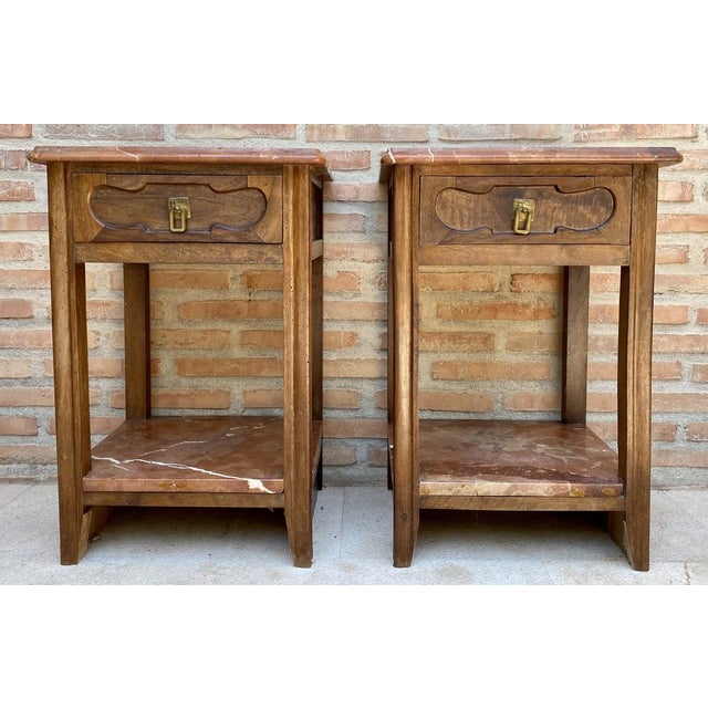 Early 20th Century Walnut Nightstands with Marble, 1940s, Set of 2 For Sale - Image 16 of 16