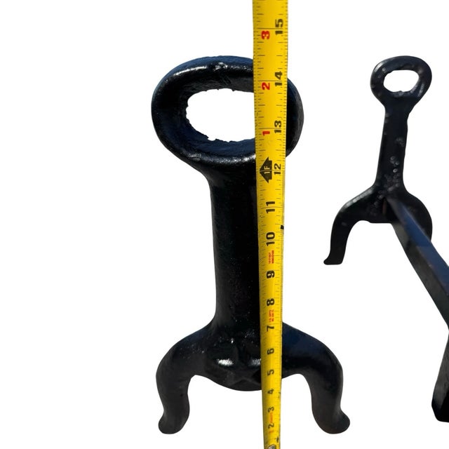 Antique Heavy Cast Iron Loop Top Fireplace Andirons Fire Dogs Pair Early 1900s For Sale - Image 17 of 17
