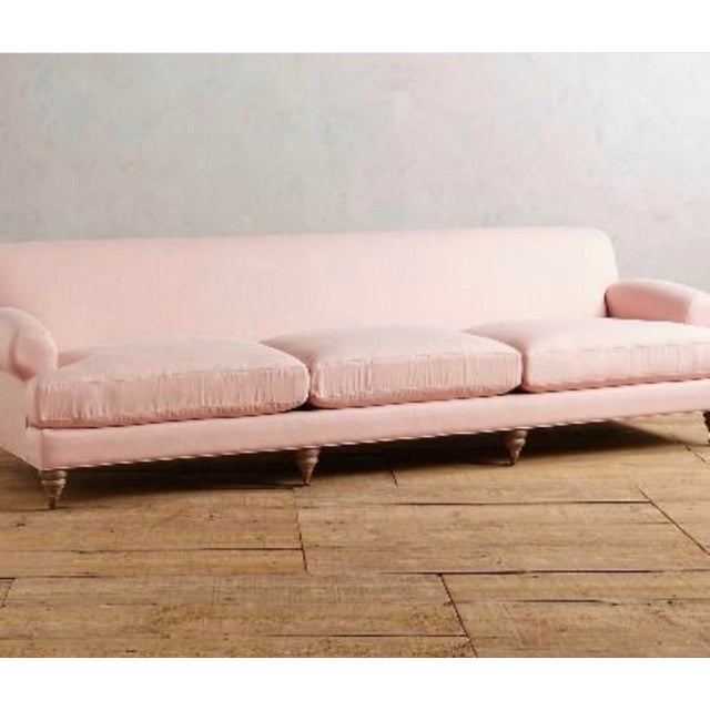 Linen Willoughby Grand Sofa: 3 Cushion Wilcox in Petal Pink, With Wooden Foot Casters For Sale - Image 9 of 9