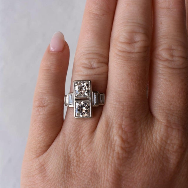 Metal Antique Art Deco Platinum "Toi Et Moi" Old-Cut Diamond Ring, Size 6.75 For Sale - Image 7 of 7