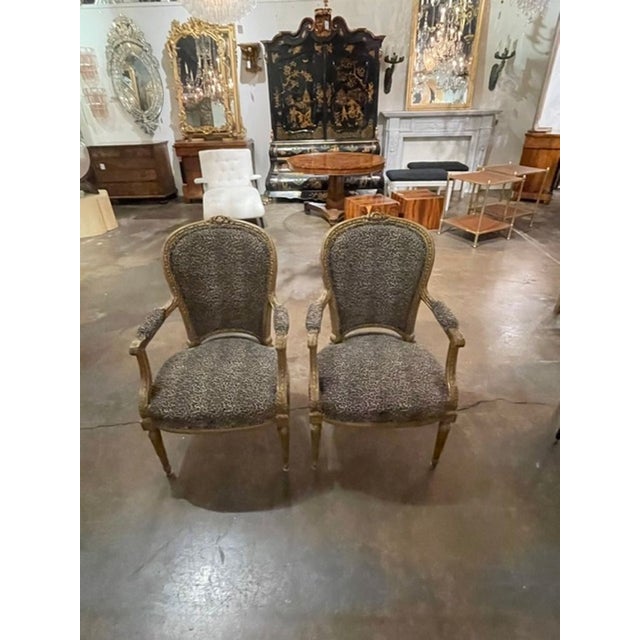 Gold Pair of French Louis XVI Giltwood Armchairs With Leopard Upholstery For Sale - Image 8 of 8