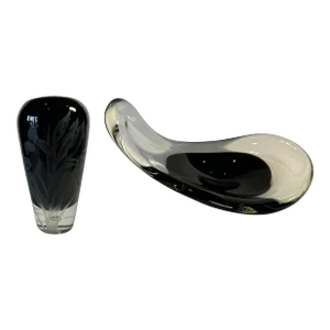 Modern Art Glass Black Sommerso Vase Frosted Flower Pattern and Freeform Bowl- a Pair