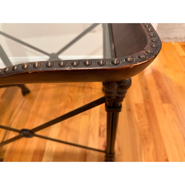 Maitland Smith Leather, Bronzed Wrought-Iron and Glass Side Table For Sale - Image 10 of 11