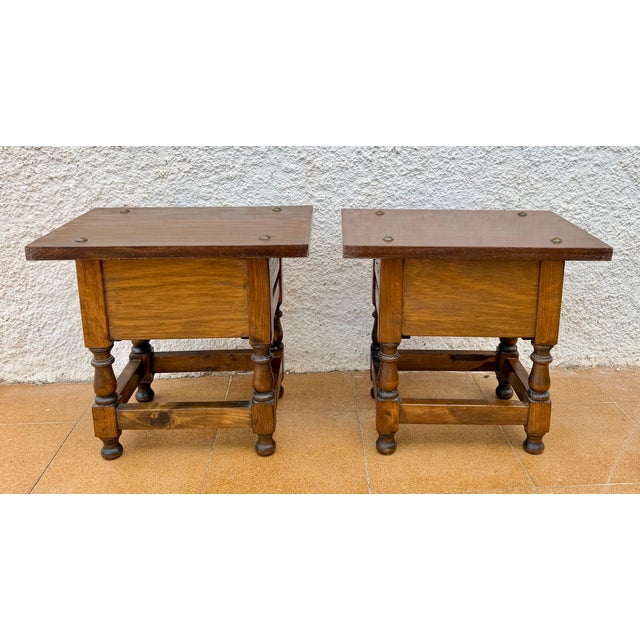 Pair of Spanish Carved Wood Bedside Tables With Floral Drawers, Mid-20th Century For Sale - Image 9 of 9