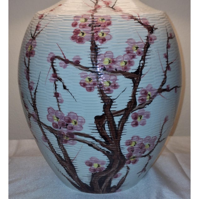 Textile Vintage White Ceramic Table Lamp with Cherry Blossom Motif and Fabric Shade, 1970s For Sale - Image 7 of 10