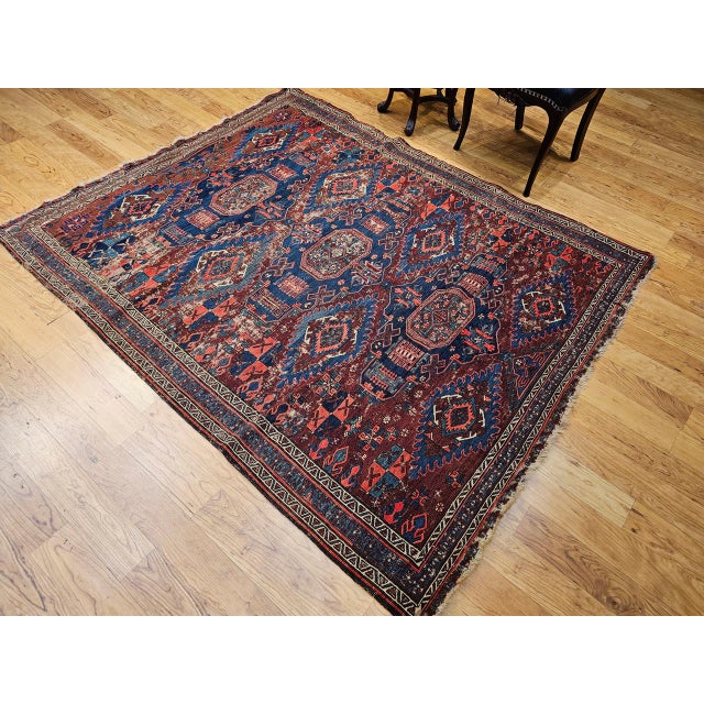 19th Century Late 19th Century Caucasian Soumak Rug, Handwoven Allover Geometric, Red & Blue, 5' x 7' For Sale - Image 5 of 17