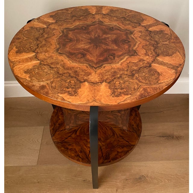 Early 20th Century French Art Deco Two-Tiered Gueridon Table Amboyna Wood & Black Lacquer For Sale - Image 5 of 7