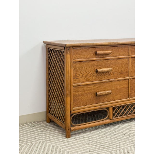 Vintage Petite Rattan 6-Drawer Dresser With Lattice Sides Coastal Boho MCM For Sale In Tampa - Image 6 of 13