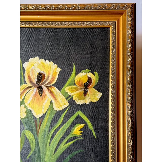 "Irises" Original Contemporary Botanical Oil Painting on Canvas With Black Background For Sale In Dallas - Image 6 of 14
