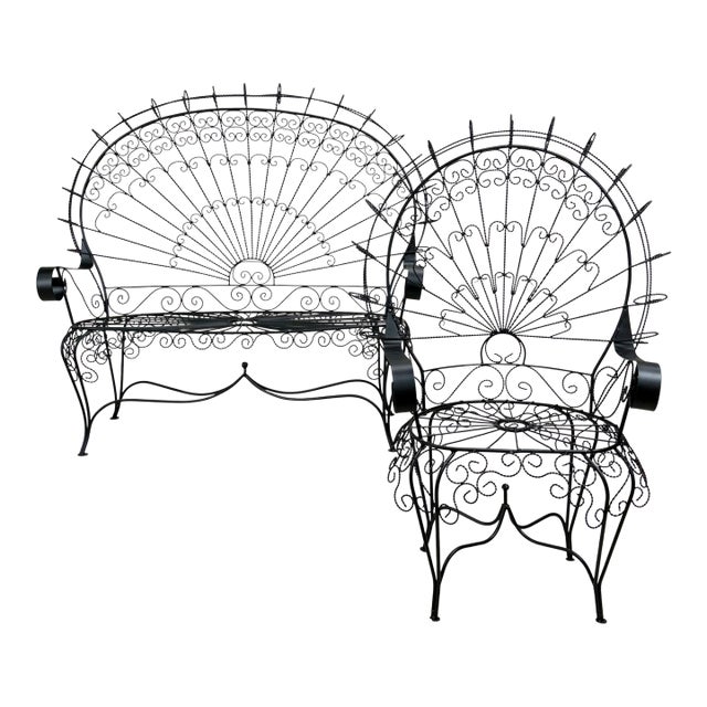 1950s Salterini Peacock Bench and Chair Set, Restored and Ready to Place, 2 Pieces, Attributed For Sale