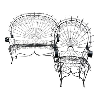 Salterini Style Peacock Bench and Chair Set, Restored and Ready to Place, 2 Pieces For Sale