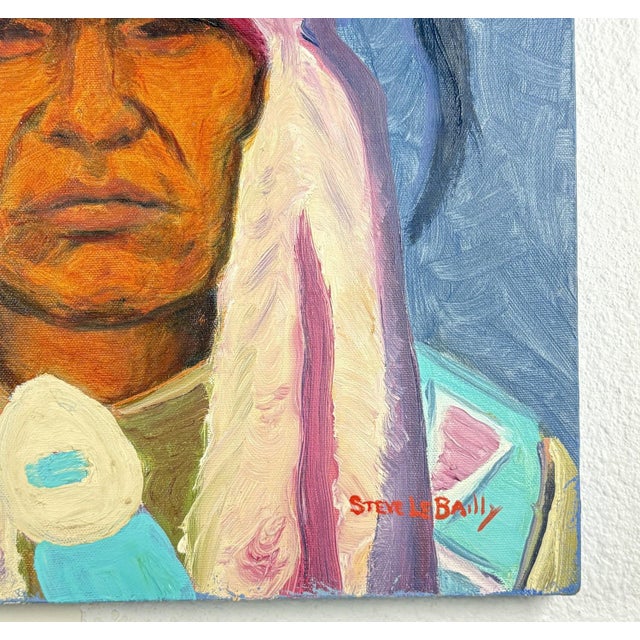 Blue Late 20th Century "Bird Rattler" – Original Blackfeet Warrior Oil Portrait by Steve LeBailly For Sale - Image 8 of 14