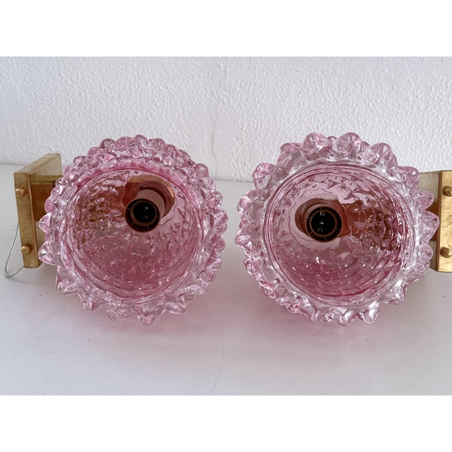Italian Art Deco Brass and Pink Rostrato Murano Glass Wall Sconces, 1990s, Set of 2 For Sale - Image 12 of 13
