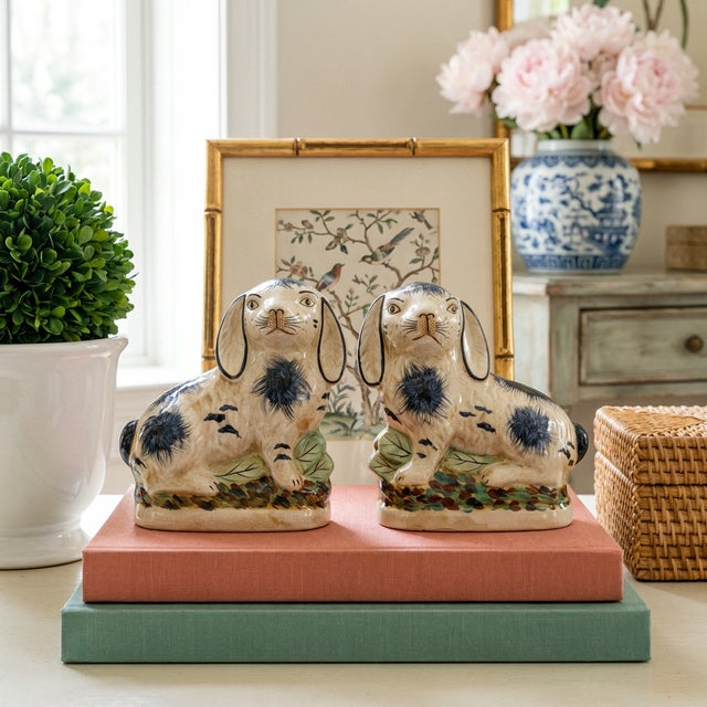 A whimsical masterclass in classic lineage and graphic contrast, this exquisite pair of blue-and-white porcelain rabbit...