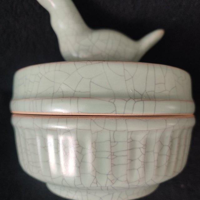 Chinese Ceramic Censer,Guan Ware Crackle Glaze Celadon Porcelain Incense Burner Hand Carved Bird Statue For Sale In Seattle - Image 6 of 9