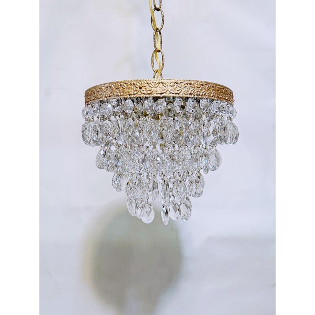 Vintage Multi-Tier Crystal Waterfall Chandelier With Ornate Brass Rim For Sale - Image 9 of 9