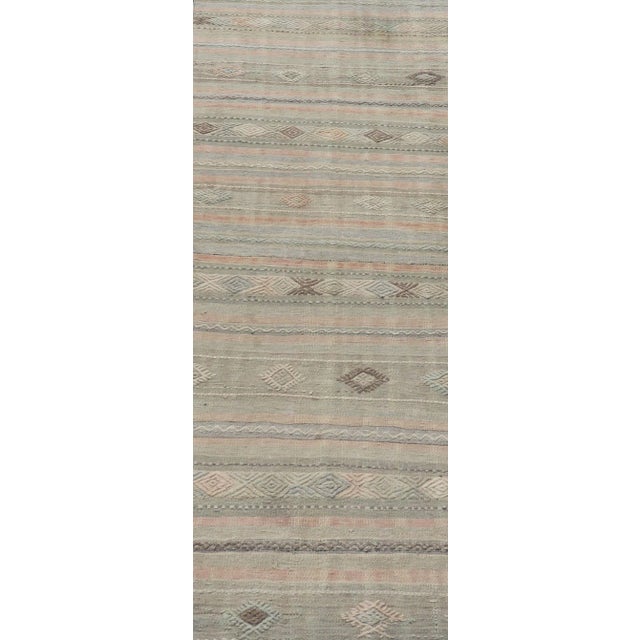 Mid 20th Century Geometric Embroidered Vintage Turkish Flat-Weave Runner in Warm Tones For Sale - Image 4 of 12