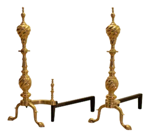 19th Century Victorian Chippendale Spiral Brass Andirons - a Pair