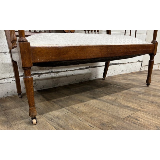 Antique Carved Spindle Back Carved Upholstered Settee For Sale - Image 4 of 10