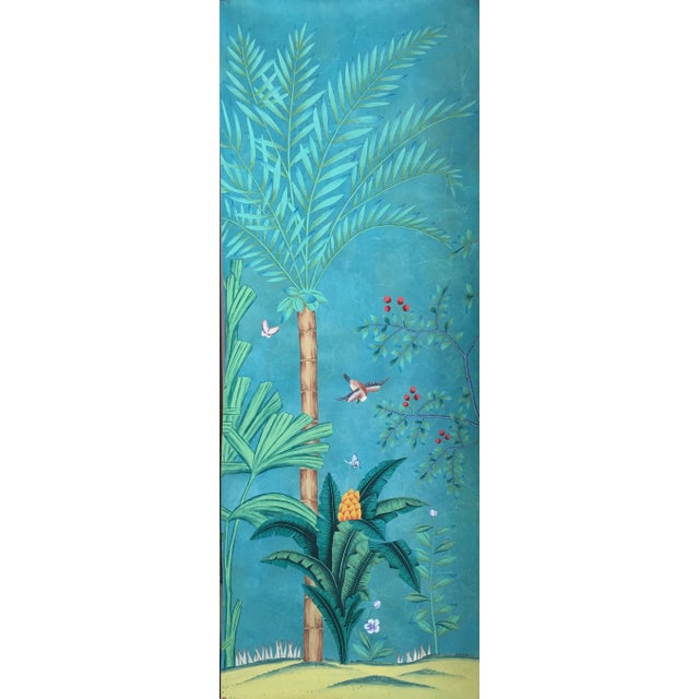 Paper Chinoiserie Hand Painted Wallpapers on Blue Edo Xuan Paper Panel - 5 Panels For Sale - Image 7 of 8