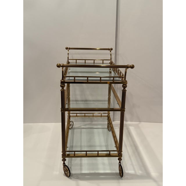 Metal Regency Style 3 Tier Brass & Glass Mid Century Modern Bar Cart For Sale - Image 7 of 12