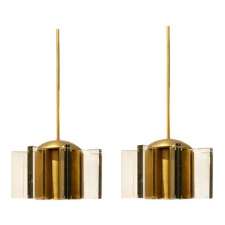 Currey & Co. Brass and Optic Crystal Pendants Pair For Sale